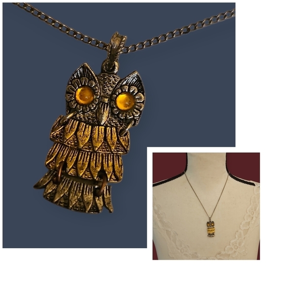 Vintage Jewelry - Vintage Jointed Mixed Metal Owl Pendant Chain Necklace